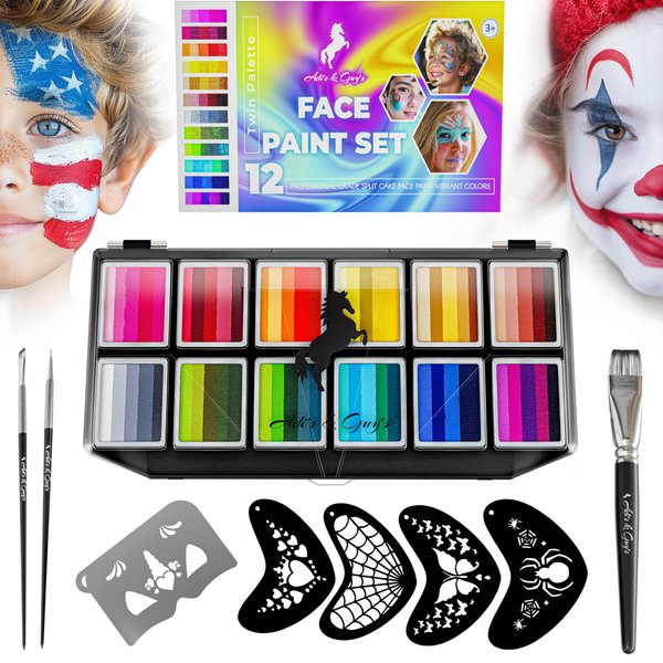 ADIS&Guys Face Painting Kit - 12 Professional Split Cake Face Paint Colors with 3 Brushes & 5 Reusable Stencils, Water-Activated Face Paint for Kids & Professional Use, Rainbow Face Paint Palette.