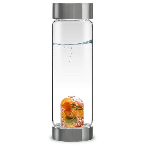 VitaJuwel ViA HAPPINESS | Crystal Water Bottle (glass, 16.9 fl.oz.) with Jade, Orange Calcite, Carnelian & Clear Quartz for Optimism, Good Luck, Motivation
