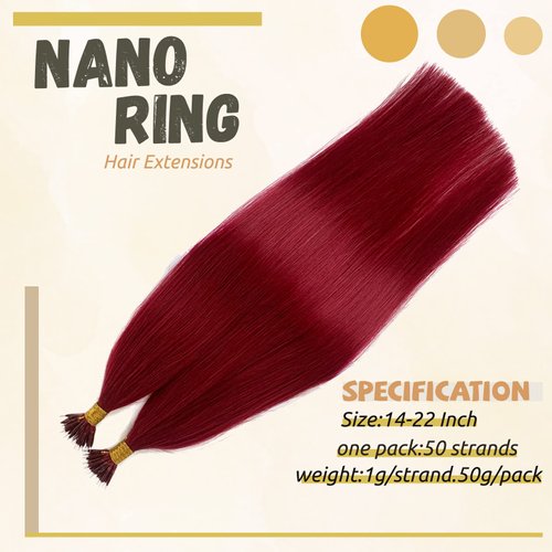 Burgundy Nano Ring Hair Extensions Real Human Hair 22 Inch Burgundy Nano Bead Hair Nano Tip Human Hair Extensions Straight Soft Pre Bonded Tipped Hair Cold Fushion for Women 50g 50 Strands