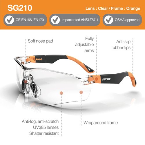 DEX FIT Safety Glasses SG210, Z87 Eye Protection, Anti-Fog & Scratch Resistant, Adjustable for Women and Men, UV Protection (Black & Orange Frame, Clear Lens)