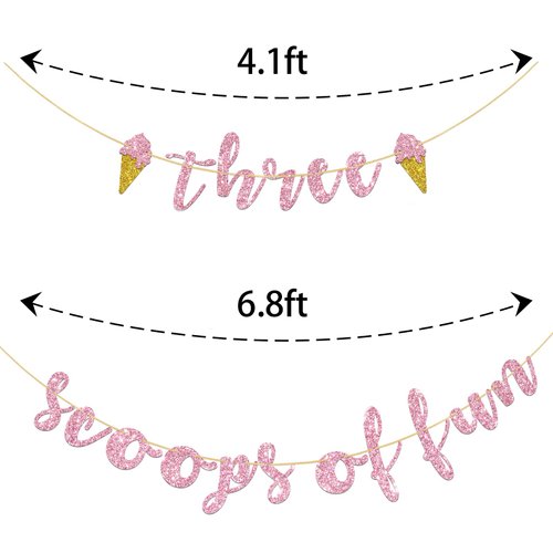 Kaakswa Three Scoops of Fun Birthday Banner, Ice Cream 3rd Birthday Decorations for Girls, Summer Ice Cream Theme Three is So Sweet Birthday Party Supplies, Pink Glitter