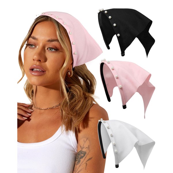 AWAYTR 3pcs Hair Bandana for Women Girls Solid Color Hair Scarf Headband Bandana Double Layer Triangle Head Kerchief Boho Hair Band (Scarf Headband - Pink/White/Black)