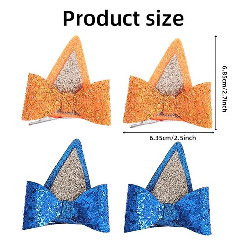 4 Pcs Dog Birthday Party Supplies,​ Blue Ears Hair Clips, Dog Ears Hair Barrettes, Blue Party Bow Decorations Accessories for Halloween Costume Cosplay (Blue, Orange)