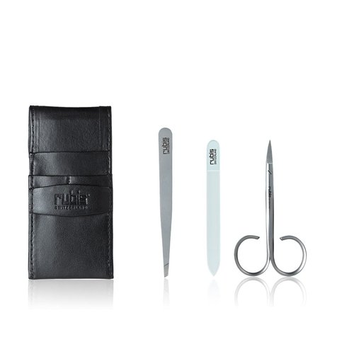 Rubis 3-Piece Manicure Set for Men and Women with Black Leather Case, Includes Tweezers, Nail Scissors, and Glass Bead Nail File, 1K400,Rubis Switzerland Swiss Made World Renowned Precision