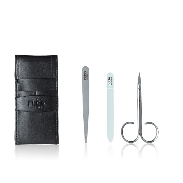 Rubis 3-Piece Manicure Set for Men and Women with Black Leather Case, Includes Tweezers, Nail Scissors, and Glass Bead Nail File, 1K400,Rubis Switzerland Swiss Made World Renowned Precision