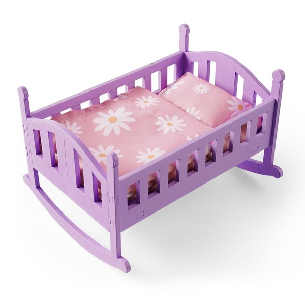 BABESIDE 4 Pcs Baby Doll Crib Set for 4-6 Inch Mini Baby Dolls, Wooden Baby Doll Bed Doll Furniture with Doll Bedding Set, Baby Doll Cradle for Kids Pretend Play Toys, Purple