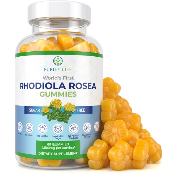 Sugar-Free Rhodiola Rosea Gummies (1500mg/Serving) Adaptogenic Rhodiola Rosea Supplement & Cortisol Blocker for Performance, Stamina, Mood & Motivation - Non-GMO, 60 Vegan Chews, No Capsules or Pills