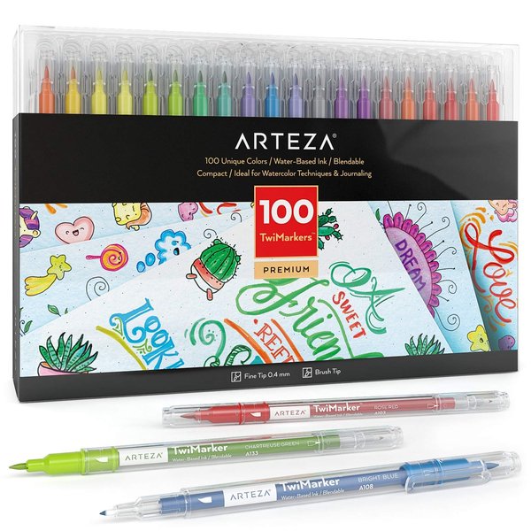 ARTEZA Dual Tip Brush Markers, Set of 100, Art Markers with Fine and Brush Tips, Artist Markers for Adult Coloring, Calligraphy, Sketching, Doodling