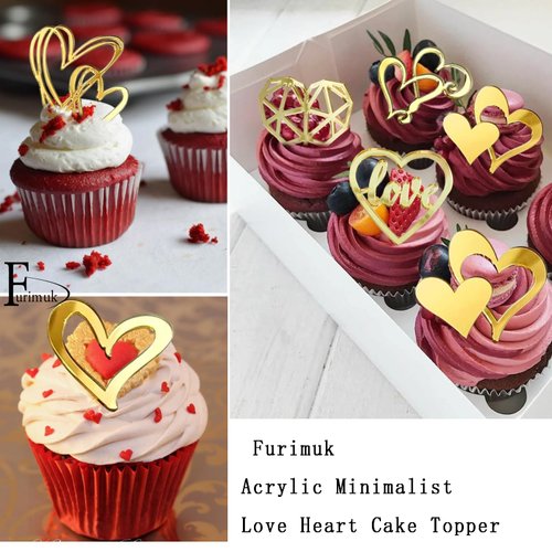 27 Pcs Love Heart Cupcake Toppers Acrylic Cake Topper Minimalist Gold Cake Decorations for Valentine's Day Anniversary Engagement Birthday Wedding Party Supplies