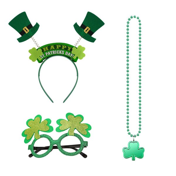 Egowry 3Pcs St Patricks Headband Green Shamrock Bead Necklace Eyeglasses set for St Patrick's Parade Party Supplies