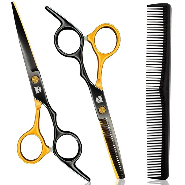Professional Hair Cutting Shears Set,6 Inch Barber hair Cutting Scissors Thinning Shears Sharp Blades Hairdresser Haircut For Women/Men/kids 420c Stainless Steel Rainbow Color (Gold)