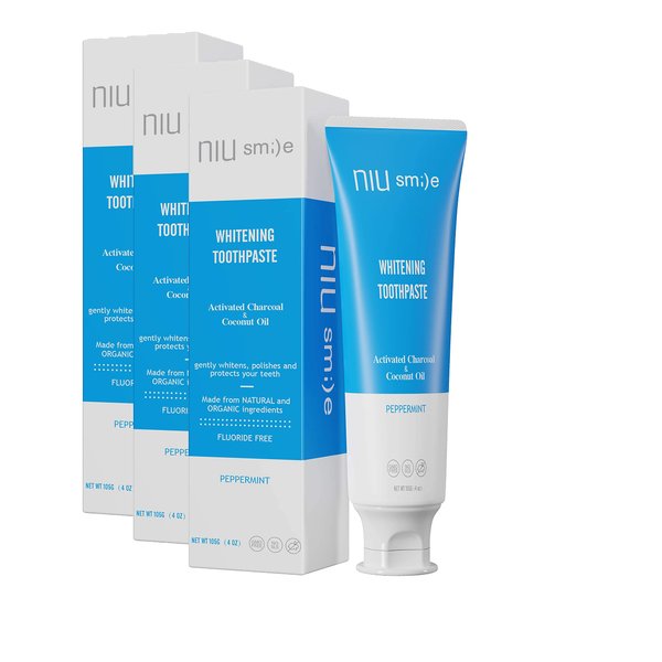 Niusmile Teeth Whitening Toothpaste | Activated Charcoal & Coconut Oil | SLS & Fluoride Free | Peppermint Taste (Pack of 3)