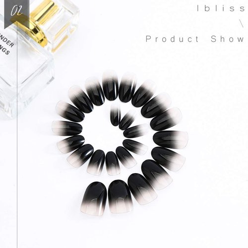 Ibliss Glossy Press on Nails Black Long Full Cover Fake Nails Oval Acrylic False Nails Gradient Nails for Women and Girls 24PCS (Black)
