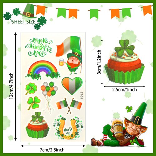 JUNEBRUSHS St. Patrick's Day Temporary Tattoos, 20 Sheets Shamrock Tattoo Stickers for Kids Saint Patricks Make up Fake Face Stickers Party Favors Irish Decorations Accessories for Boys Girls