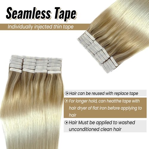 Tape in Hair Extensions Human Hair Omber Highlight Hair Extensions Tape in Human Hair for Women 20inch Beige Blonde Mix Medium Blonde to Platinum Blonde Balayage Straight Human Hair Extensions 20pcs