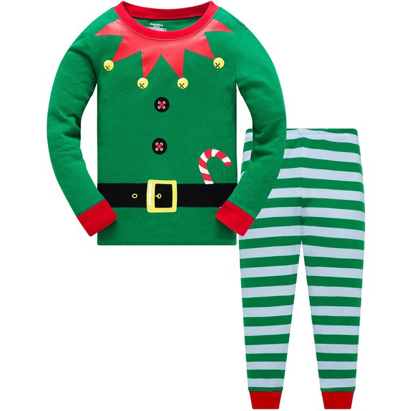 Popshion Kids Christmas Pajamas Elf Toddler Boys Long Sleeve Xmas Pjs Set Christmas Girls Santa Claus Jammies Green White Striped Pj 6t