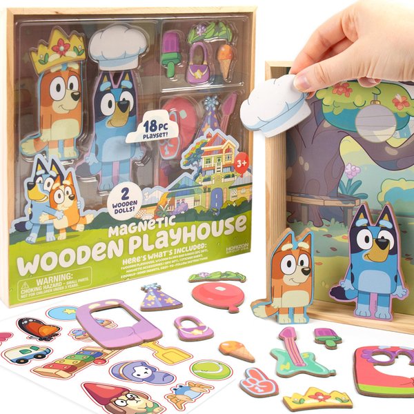 Bluey Magnetic 18 Piece Wooden Dolls House Playset, Great Birthday Gift for Kids, Fun House Party Activity