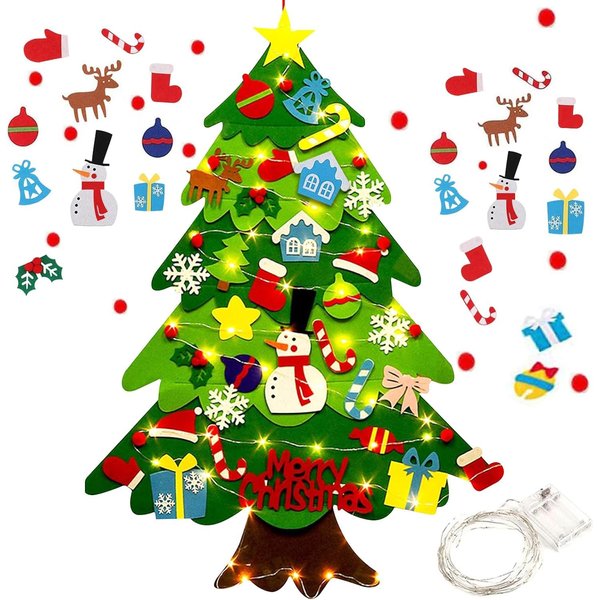 Montessori Felt Christmas Tree for Toddlers, Montessori Felt Christmas Tree for Kids Wall with 32 Ornaments, Toddler Felt Christmas Tree with Lights, 3D DIY Felt Christmas Tree