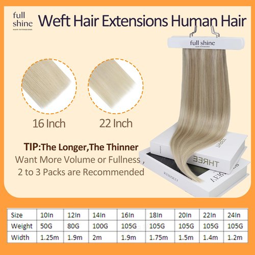 Full Shine Sew in Hair Extensions Ash Blonde Highlight Human Hair Sew in Extensions Hair Wefts Human Hair Ash Blonde Mixed with Bleach Blonde Real Hair Extensions Sew in 18 Inch 105g Per Pack #P18/613