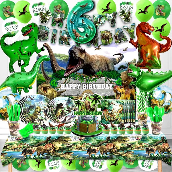 Dinosaur Birthday Decorations, Dinosaur Birthday Party Supplies&Decorations 6 Year Old,Dinosaur Theme Party Decoration Set Include Banner Tablecloth Balloons Cake Toppers Plate Napkin for Kids Party
