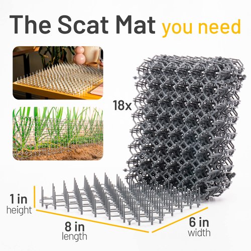 Cat Deterrent Scat Mat for Cats - 18 Pack Cat Spike Mat (Grey) 8 x 6 Inch with 1 Inch Spikes is A Perfect Cat Repellent Indoor & Outdoor for All Seasons. Includes 6 Garden Staples & 10 Zip Ties