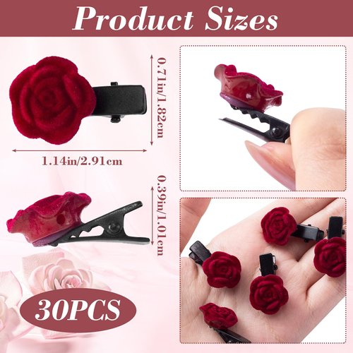 HINZIC 20Pcs Valentine Rose Flower Mini Hair Clips, Red Floral Hair Barrettes Decorative Brooch Cute Headpiece Vintage Hairpin Accessories for Women Girls Bridal Toddlers Wedding