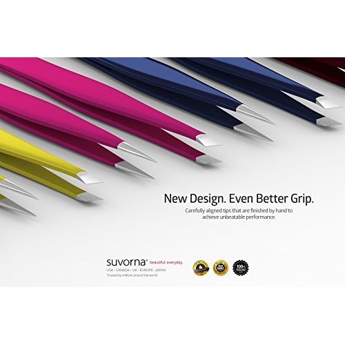Suvorna 4" Precision Aligned Professional Tweezers Color Sets with Premium Stainless Steel. One Sharp Pointed Pair and One Slant Tip Pair for Eyebrow Shaping. Great for Ingrown Hair (Black)