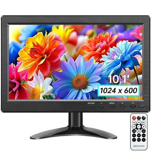 JINSWY 10.1" Security Monitor, 1024x600 HD Display, HDMI VGA BNC AV USB Ports, Built-in Speakers & Remote Control, for CCTV Surveillance, DVR, PC, Raspberry Pi