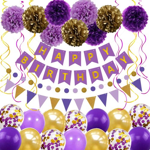 Purple Gold Birthday Decorations Party Supplies Include Happy Birthday Banner 14pcs Balloons 9pcs Pom Poms Flower 6pcs Hanging Swirls 1pcs Circle Dots Banner 1pcs Triangle Pennant Great for Women