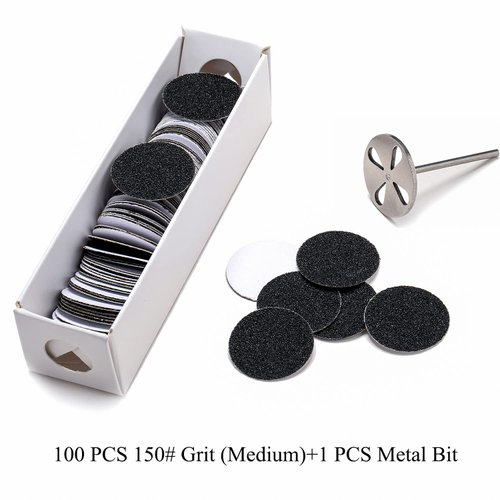 100pcs Sandpaper Disc and 1pcs Metal Bit, 3/32 Shank Replaceable Pedicure Sanding Disc Bit for Dead Skin Callus Removal Electric Foot File Tools (150#(Medium))