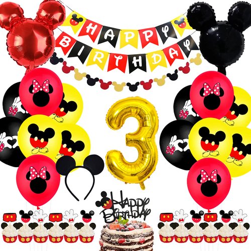 Mickey 3rd Birthday Party Supplies, Mickey 3 Years Old Decorations for boys Three Birthday Decor Red Yellow Black Balloon Banner Number 3 Foil Balloons Mouse Ears Headband for Kids… (black red 3rd)