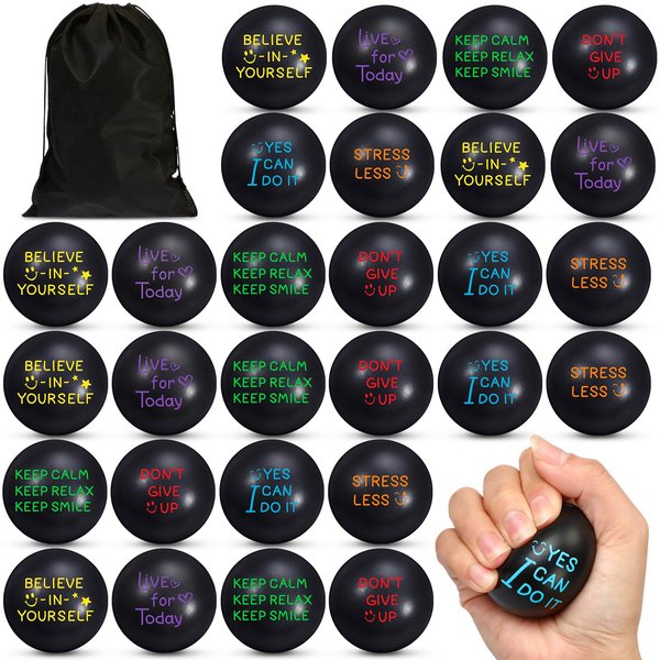 Glimin 48 Pcs Motivational Stress Balls Bulk 1.97 Inch Black Inspirational Quotes Stress Balls Mini Foam Ball Gifts with Drawstring Bag to Relieve Anxiety for Employee Coworkers Team Graduation