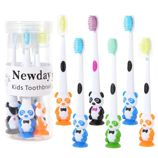 Newday Kids toothbrushes 6 Pack Set Soft Bristles with Suction Cup, Includes Travel Covers, Bear Panda toothbrushes for Kids Boys & Girls, Toddlers &Children Teeth Age 3+