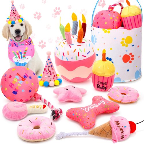 Glimin 12 Pcs Birthday Dog Toy Set Dog Squeaky Toys Pink Balloon Dog Toy Girl Plush Toy Birthday Cake Hat Bandana Toy Durable Teething Chew Toys for Training Teeth Dog Birthday Party Supplies