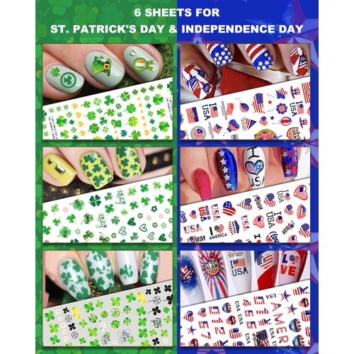 IDDFEVE 30 Sheets All Holiday Nail Art Stickers, Variety Pack Seasonal Nail Decals for All Year, Self-Adhesive Pegatinas Uñas St. Patrick's Independence Day Halloween Fall Christmas Heart Design