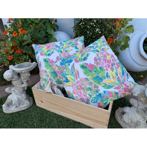 Outdoor Throw Pillow Cover, Pineapple, Palm tree, Uplifting, Vivid, Water Color, Premium High Quality Moisture Resistant.