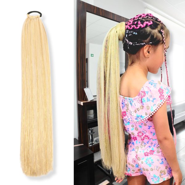 Luviri Blonde Hair Extensions Hair Tinsel 26” Jumbo Long Ponytail Extension for Braiding Hair on Hair Tie Loose Tinsel Hair Extensions, 9 Soft Fake Hair and Hair Glitter 1 Pcs Blonde Ponytail