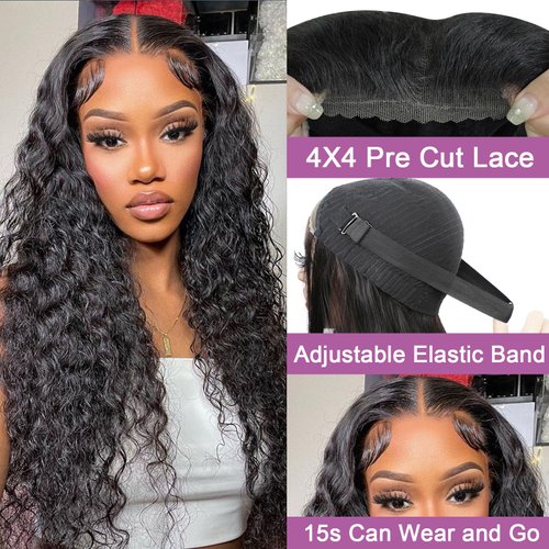 28Inch Glueless Wigs Human Hair Pre Cut For Beginners 180% Density No Glue 4X4 Closure Wigs Human Hair Brazilian Virgin Deep Wave Lace Front Wigs Human Hair (28Inch)
