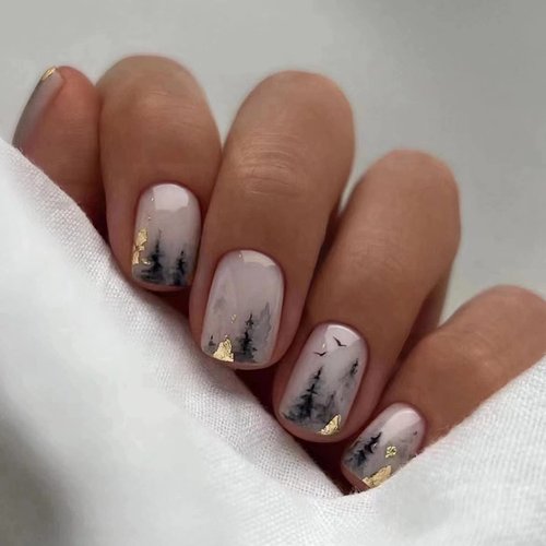 MISUD Short Square Press on Nails Squoval Fake Nails Glossy Glue on Nails Black Gradient Acrylic Nails Ink Painting Artificial Nails Bling Gold Foil Stick on False Nails with Design 24 pcs