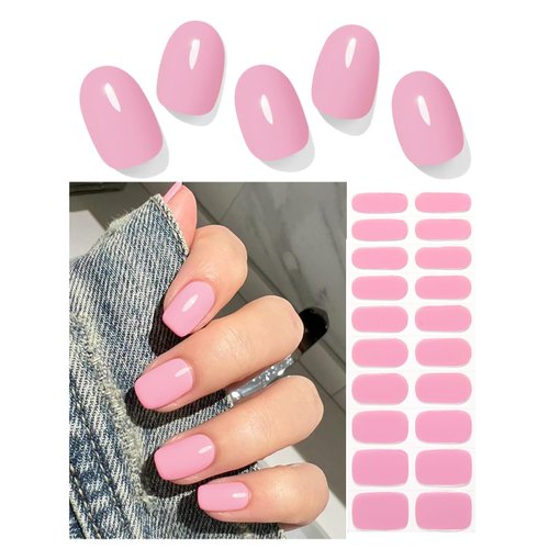 Wahrshei Semi Cured Gel Nail Strips, 20pcs Classic Pink Gel Nail Stickers Work with UV, Easy to Use and Remove