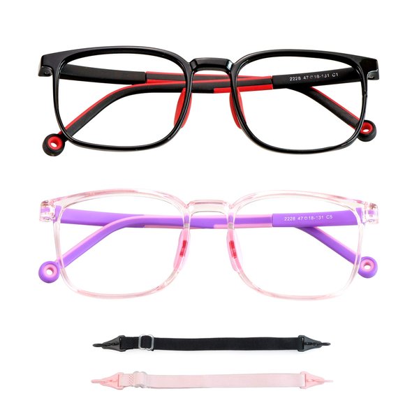 LAMBBAA 2 Pack Kids Blue Light Blocking Glasses, Computer Glasses with Rope, Anti Blurry and Eyestrain, Cut UV400 Anti Glare for Children Age 3-12 (Black Red, Clear Pink)