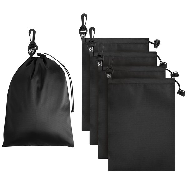 PALTERWEAR Drawstring Bag - Cinch and Ditty Pouch with Clip for Travel, Wardrobe, Outdoors - Set of 5 (Black, 8 x 11 inch)