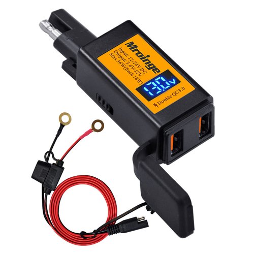 Motorcycle USB Charger, Mroinge 4.8A SAE to USB Adapter with Voltmeter & Ammeter, Quick Disconnect Plug with Dual USB Charger Perfect for Smart Device Charging, with ON/Off Switch & Waterproof Cover