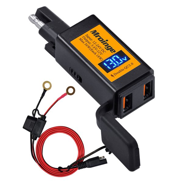 Motorcycle USB Charger, Mroinge 4.8A SAE to USB Adapter with Voltmeter & Ammeter, Quick Disconnect Plug with Dual USB Charger Perfect for Smart Device Charging, with ON/Off Switch & Waterproof Cover
