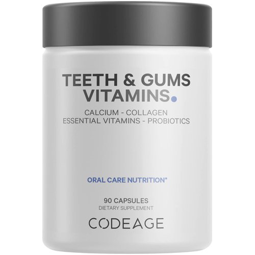 Codeage Teeth & Gums Vitamins + Oral Probiotics Supplement for Mouth - Whole Food Calcium, Collagen, Potassium, Vitamin C, D3, K2, Zinc – Oral Care & Dental Multivitamin Supplements - 90 Capsules