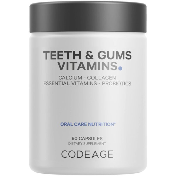 Codeage Teeth & Gums Vitamins + Oral Probiotics Supplement for Mouth - Whole Food Calcium, Collagen, Potassium, Vitamin C, D3, K2, Zinc – Oral Care & Dental Multivitamin Supplements - 90 Capsules
