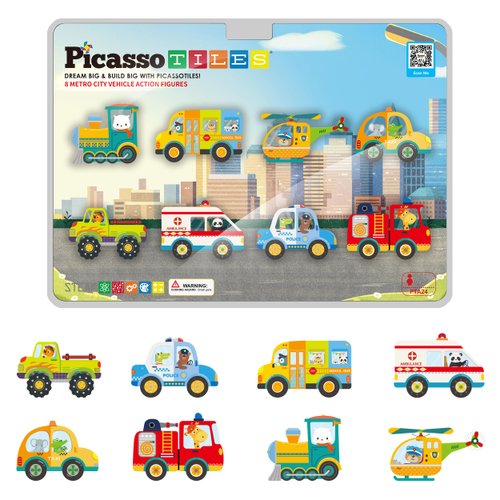 PicassoTiles Magnet Building Blocks Metro City 8 Vehicle Magnetized Action Figures Compatible Magnetic Structural Build Magnets Tile Accessory Playset STEAM Educational Learning Toys Ages 3+ PTA24