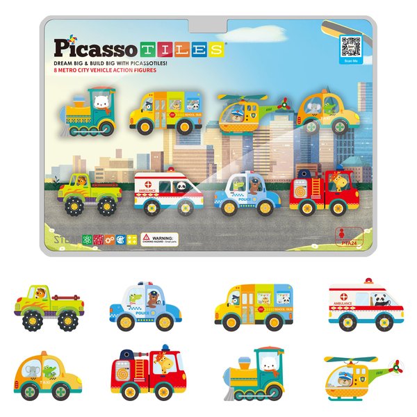 PicassoTiles Magnet Building Blocks Metro City 8 Vehicle Magnetized Action Figures Compatible Magnetic Structural Build Magnets Tile Accessory Playset STEAM Educational Learning Toys Ages 3+ PTA24