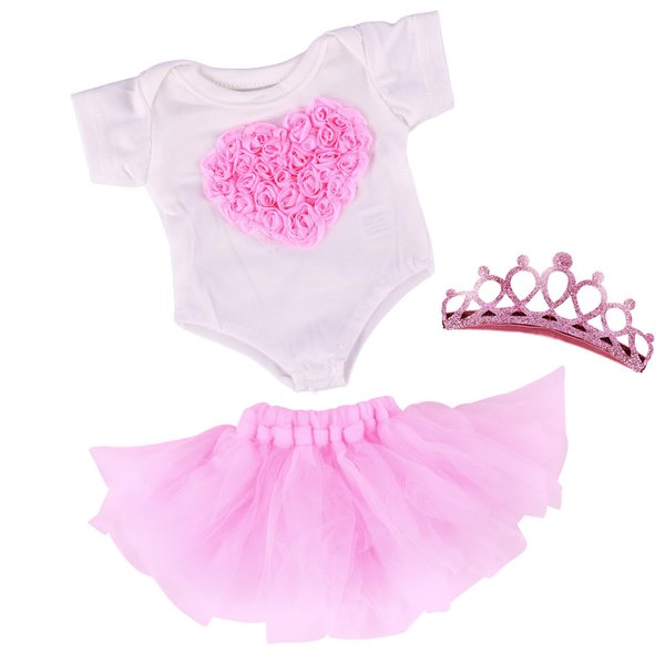 BABESIDE 3 Pcs Baby Doll Clothes Accessories Set for 12-16 Inch Baby Dolls Girls, Heart Pattern Baby Doll Onesie with Baby Doll Skirt and Doll Crown Headband for Bitty Baby Doll Clothes