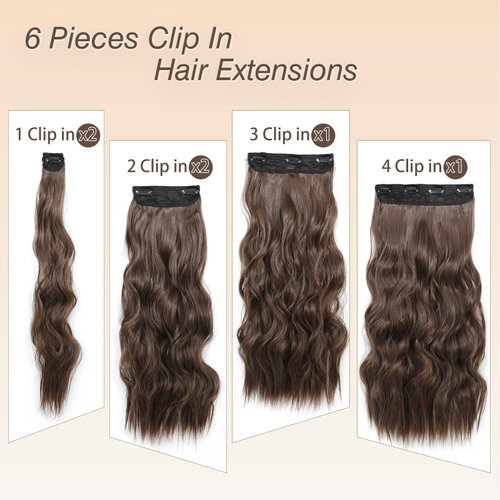 Clip in Hair Extensions 6 PCS Natural Soft Hair Blends Well Hair Extensions 20 Inch Light Brown Long Wavy Hairpieces for Women